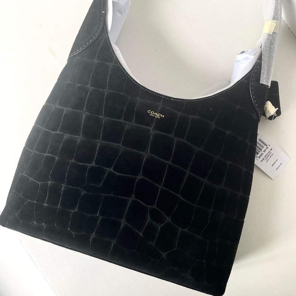 Coach Brooklyn 28 Black Croc Embossed Suede Leather Hobo CCJ00 - Picture 4 of 16